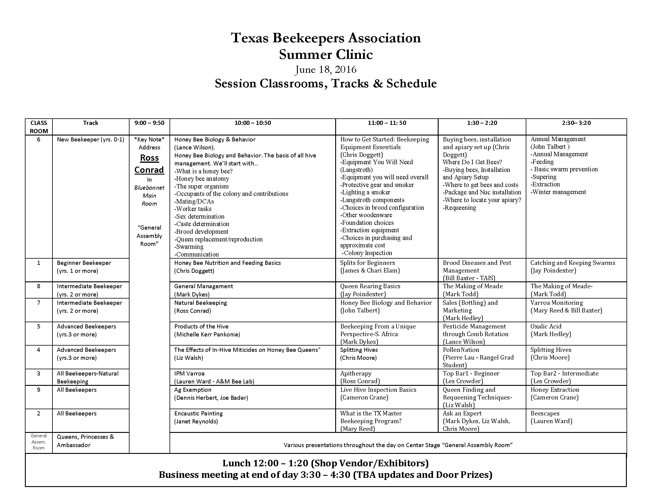 2016 TBA Summer Clinic Schedule